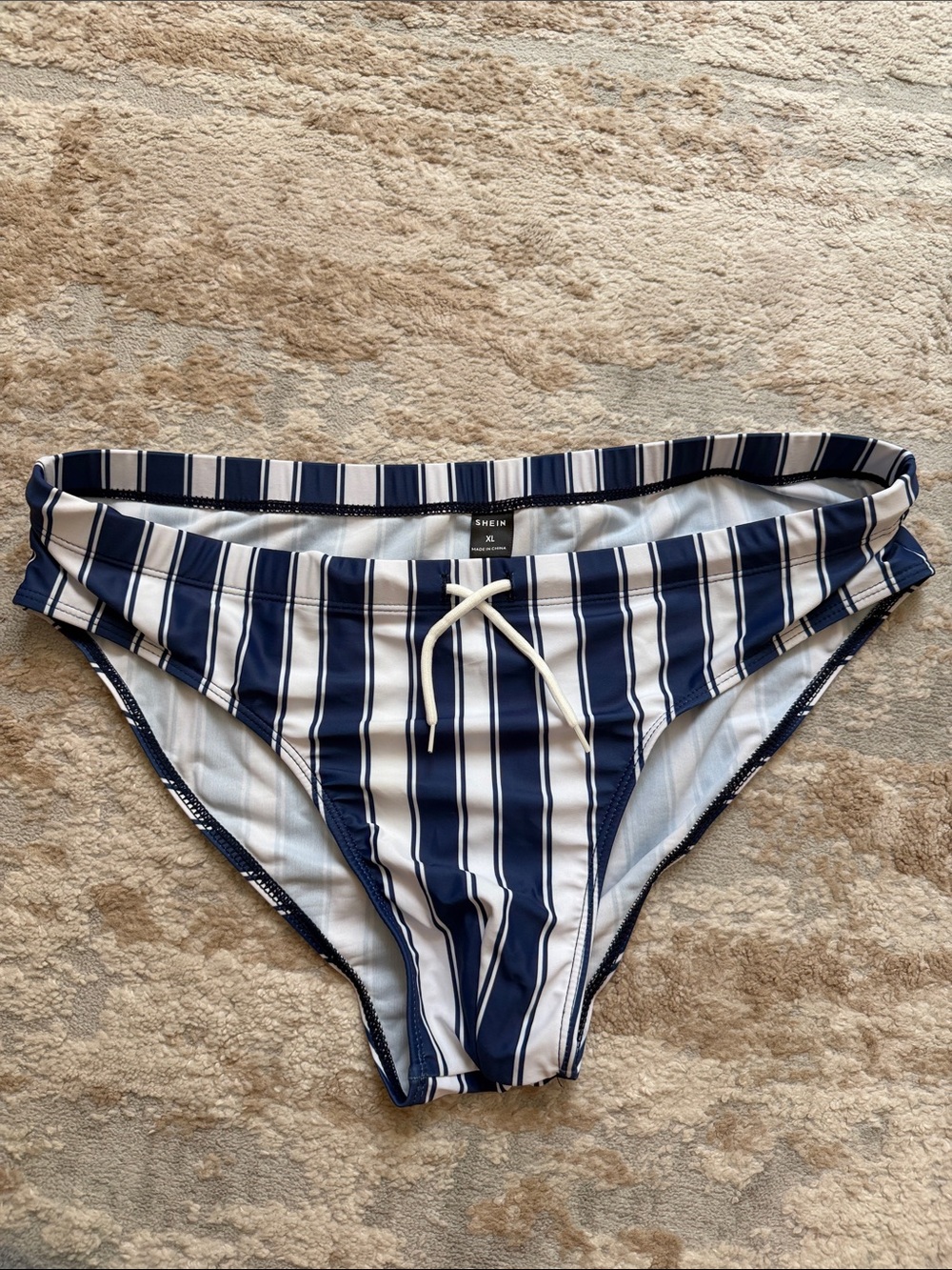 SHEIN Navy & White Striped Men’s Swim Briefs with Drawstring - Size XL